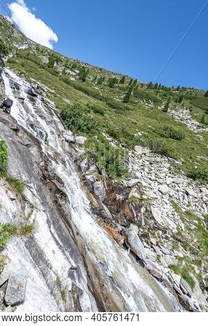 Waterfall On The Trekking Way Up To Olpererhutt In Zilltertal Alps In Austria