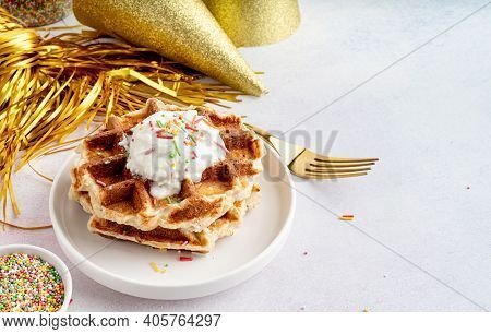 Birthday Party Waffles With Youghurt And Colorful Sprinkles