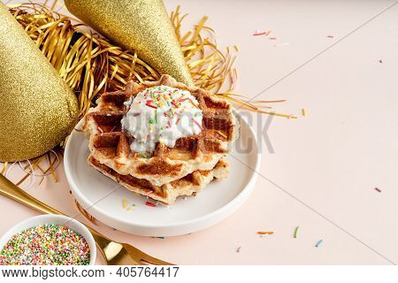 Birthday Party Waffles With Youghurt And Colorful Sprinkles