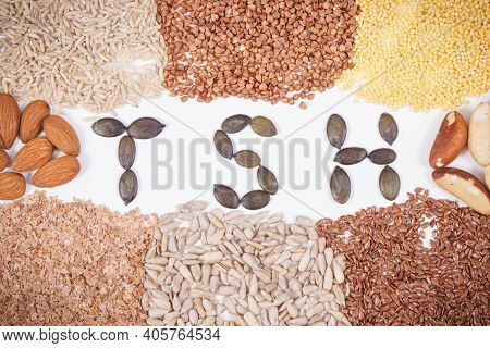 Inscription Tsh With Beneficial Nutritious Eating For Thyroid Gland. Healthy Ingredients Containing 