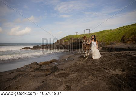 Woman Leading Horse By Its Reins. Horse Riding On The Beach. Human And Animals Relationship. Asian W