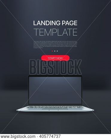 Promo Landing Page Template With Modern Laptop. Template With Sample Text And Button