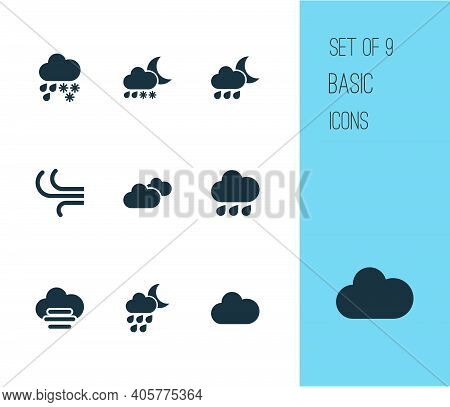 Climate Icons Set With Cloud, Rainy, Heavy Sleet Night And Other Synoptic Elements. Isolated Illustr