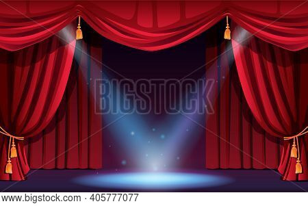 Classic Stage With Curtains And Spotlights. Festive Scene With Lights And Projectors. Concert, Dance