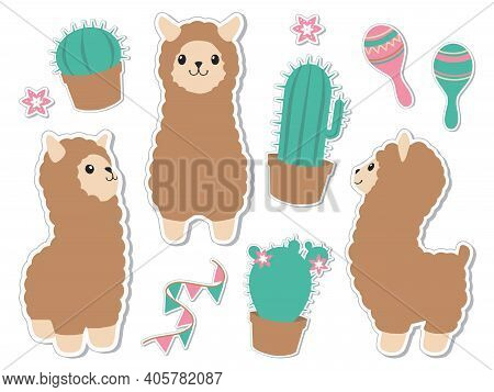 Cute Sticker Style Collection Of Vector Graphic Brown Fluffy  Alpacas Or Llamas With Cuctus Rumba Sh