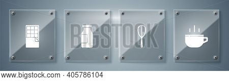 Set Coffee Cup, Kitchen Whisk, Bottle With Milk And Chocolate Bar. Square Glass Panels. Vector