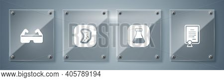 Set Certificate Template, Test Tube And Flask, Bacteria And Safety Goggle Glasses. Square Glass Pane