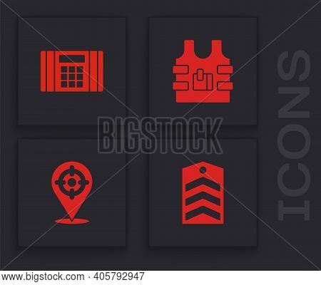 Set Chevron, Dynamite Bomb, Bulletproof Vest And Target Sport Icon. Vector