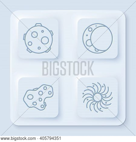 Set Line Ufo Abducts Cow, Moon, Asteroid And Black Hole. White Square Button. Vector