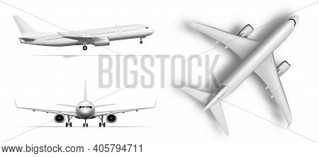 3d Flying Airplane, Jet Aircraft. Top, Front, Side