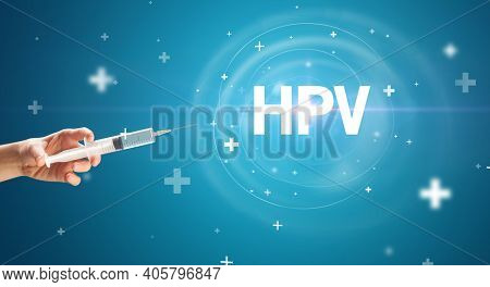 Syringe needle with virus vaccine and HPV abbreviation, antidote concept