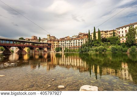 Cityscape Of Bassano Del Grappa With The Bridge Of The Alpini (ponte Degli Alpini Or Ponte Vecchio) 