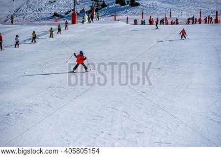 Grandvalira, Andorra: 2021 January 17: School Ski Class At The Grandvalira Ski Station In Andorra In