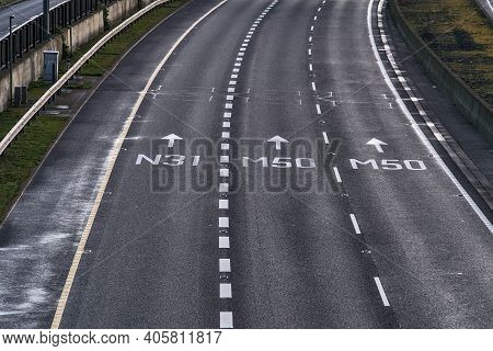 Close Up Aerial View Of N31 M50 Road Signs On M50 Road In Dublin, Ireland. Empty Motorway During Lev