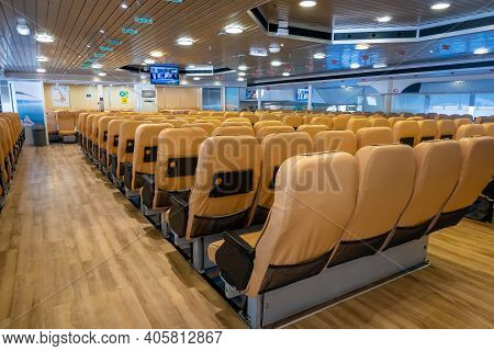Sikinos, Greece - September 23, 2020: Interior Of Ferry Caldera Vista, High Speed Catamaran Owned By