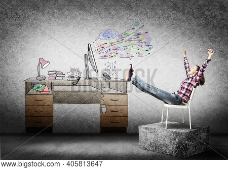 Young Happy Woman Relaxing In Room. Creative Freelance Designer Sitting On Chair And Putting Feets O