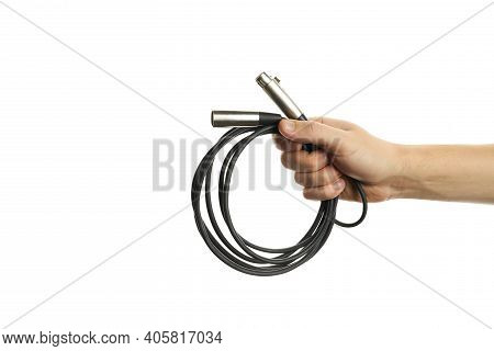 Male Person Hold Xlr Audio Wires Isolated On A White Background. Sound Equipment For Concert. Copy S