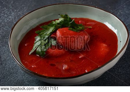 Hot Red Beet Kubbeh Soup, A Famous Middle Eastern Dumplings Soup Dish, Served In A Bowl. A Jewish-ir