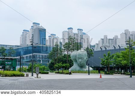 Seoul, South Korea - 29 June 2019: Modern Glass Facade Office Building Around Digital Media City. It