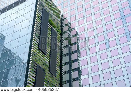 Seoul, South Korea - 29 June 2019: Modern Glass Facade Office Building Around Digital Media City. It