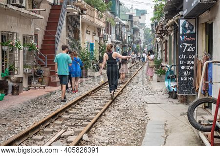 Hanoi, Vietnam : 26/03/2019 : Tourist Visit Hanoi Train Street A Funky Little Area And Popular Torui