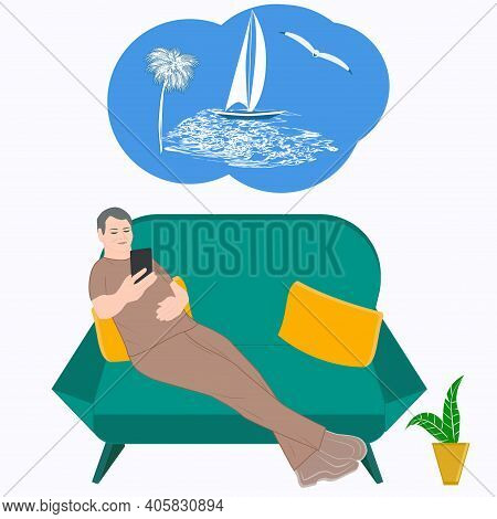 Man Sitting Sofa Vector Hypothetical Vacation Travel Planning Dream Of A Trip To The Sea.