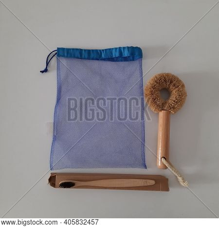 Dish Washing Brushes, Bamboo Toothbrushes, Reusable Bags. Sustainable Lifestyle Zero Waste Concept. 
