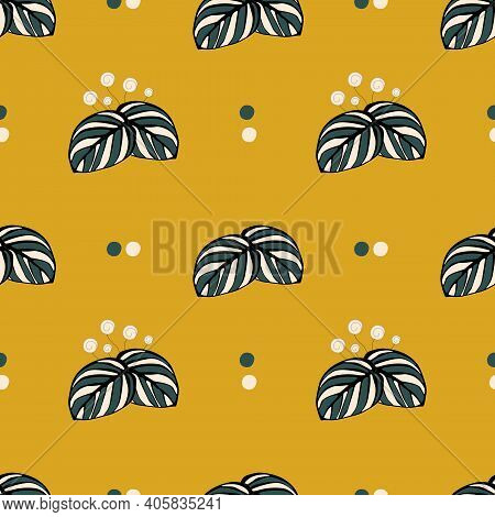 Seamless Pattern Of Striped Green-white Leaves And Circles On A Yellow Background. For Printing On T