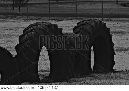 Tracter Tire Dog Training Hoops In The Snow At South East City Park Dog Run, Canyon, Texas.
