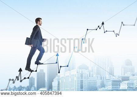 Young Business Man Go Walk Making Step, Businessman Wear Elegant Black Suit And Holding A Laptop Goi