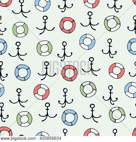 Seamless Pattern With Hand Drawn Anchors, Lifesavers On Light Blue Background For Surface Design And