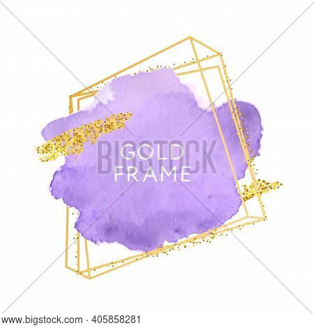 Violet Pupur Pink Brush Strokes And Gold Frame. Abstract Vector Watercolor Background.