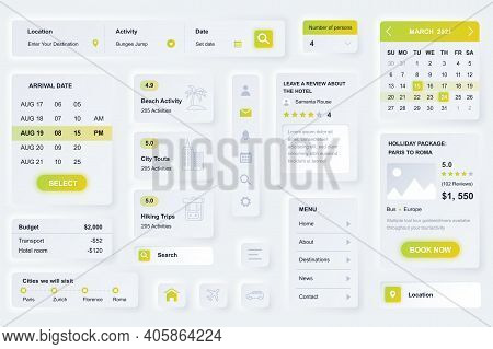 User Interface Elements For Travel Agency Mobile App. Unique Neumorphic Design Ui, Ux, Gui, Kit Elem