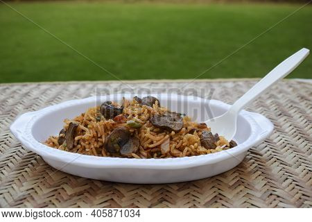 Delicious Mushroom Fried Rice With Babycorns And Other Vegetables. Indian Food Cuisine Like Mushroom