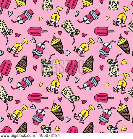 Cartoon Desserts, Sweets And Drinks Seamless Doodle-style Pattern. Bright Colors. For Girls.