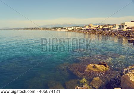 The Mediterranean Coast On The Island Of Crete In Kolimbari. Copy Space.