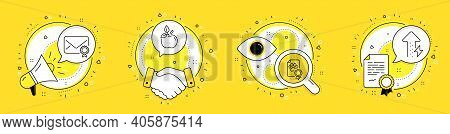 Verified Mail, Dog Certificate And Eco Food Line Icons Set. Megaphone, Licence And Deal Vector Icons