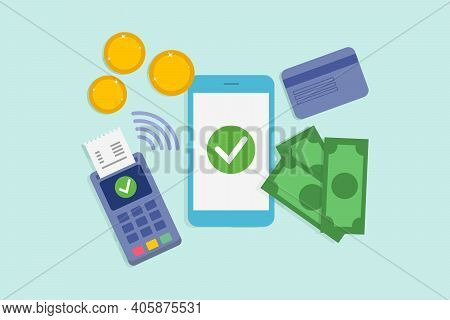 Vector Illustration On Blue Background On Financial Transactions And Cashless Operations Concept. Co