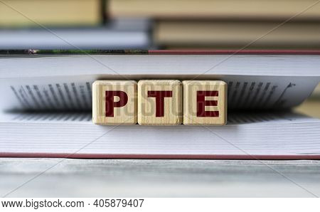 Pte (pearson Test Of English) - Word On Wooden Cubes Against The Background Of The Open Book. Info C