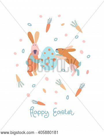 Vector Illustration On The Theme Of Easter In Pastel Colors. Colored Bunnies With Easter Egg And Car