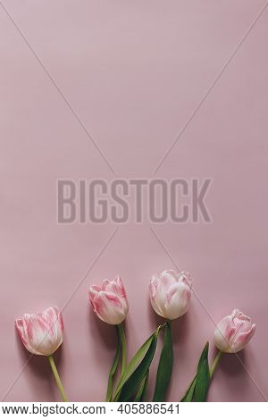 Natural Styled Stock Photo. Feminine Easter, Spring Composition With Tulips On Pink Table, Wall Back