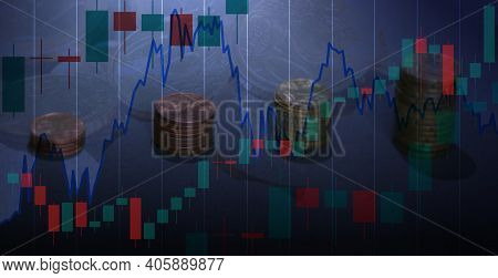 Double Exposure Of Candlestick Chart And Rows Of Euro Coins For Finance And Business Concept