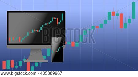 Economical Stock Market Graph On Computer And Mobile Phone. Candlestick Chart On The Background