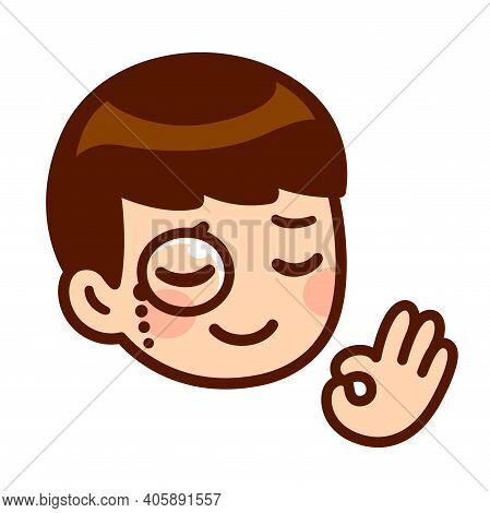 Funny Cartoon Face Of Cute Anime Boy With Monocle And Ok Finger Gesture. High Class, Good Taste Appr