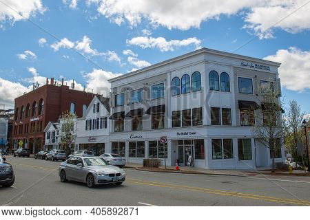 Andover, Ma, Usa - Apr. 24, 2019: Historic Commercial Buildings On Main Street Near Old Town Hall In