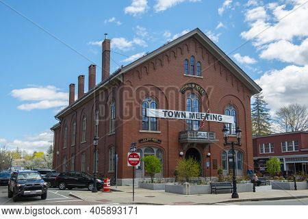 Andover, Ma, Usa - Apr. 24, 2019: Andover Town Hall On 20 Main Street In Historic Town Center Of And