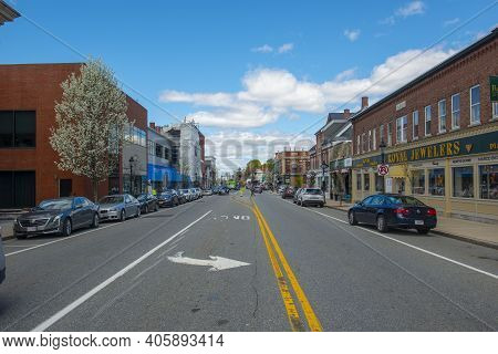 Andover, Ma, Usa - Apr. 24, 2019: Historic Commercial Buildings On Main Street Near Old Town Hall In