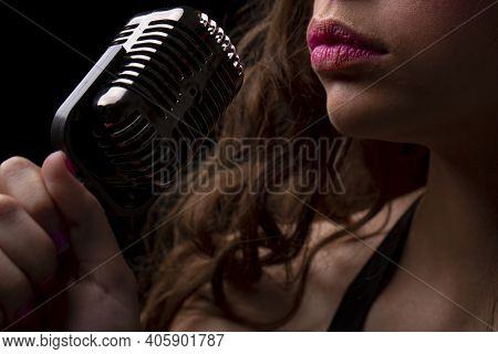 Karaoke. Closeup Woman With Vintage Microphone Lips. Sensual Girl Singer. Concert, Sing
