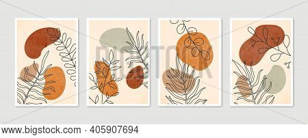 Botanical Wall Art Vector Set. Minimal And Natural Wall Art. Boho Foliage Line Art Drawing With Abst