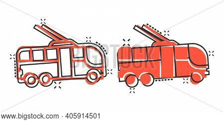 Trolleybus Icon In Comic Style. Trolley Bus Cartoon Vector Illustration On White Isolated Background